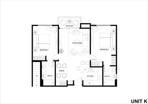 Floor plan for 2 beds, 2 baths, 901 sqft